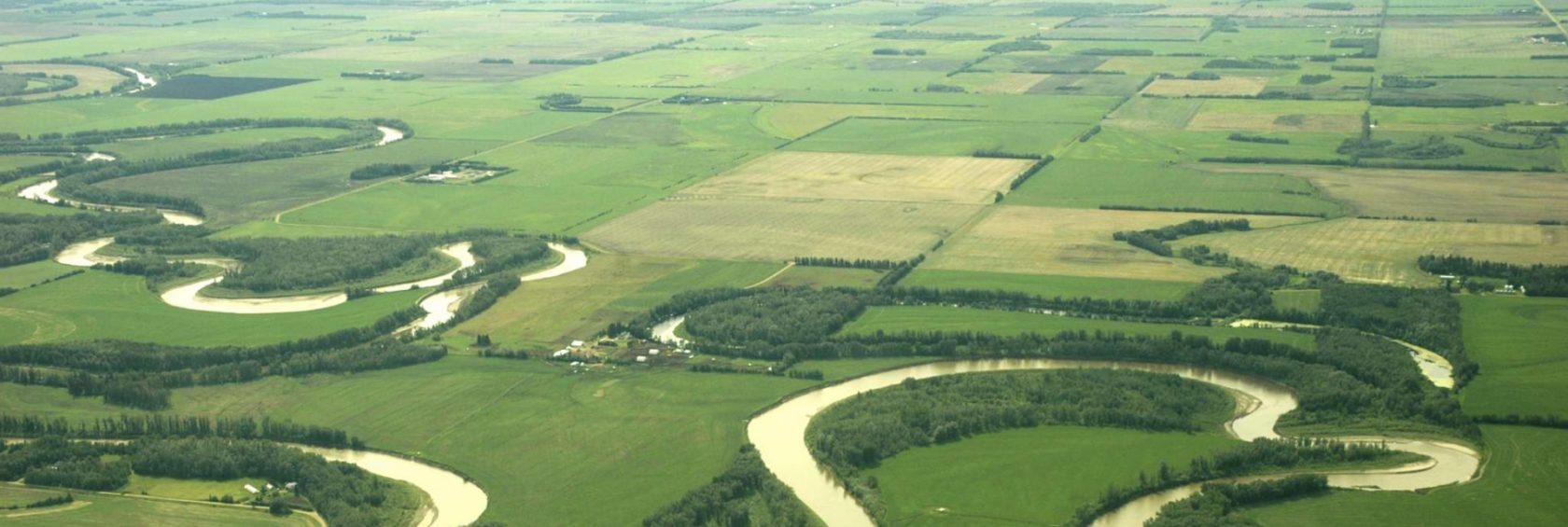 Drone view of river and fields