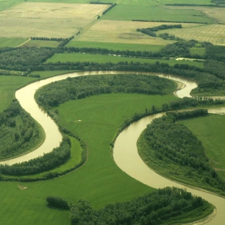 Drone view of river and fields